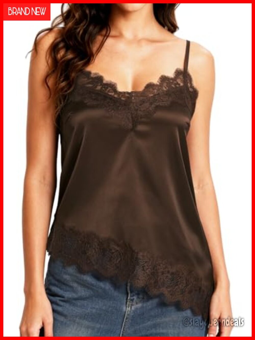 Satin Lace Cami Tank Top Asymmetrical V-Neck Adjustable Straps